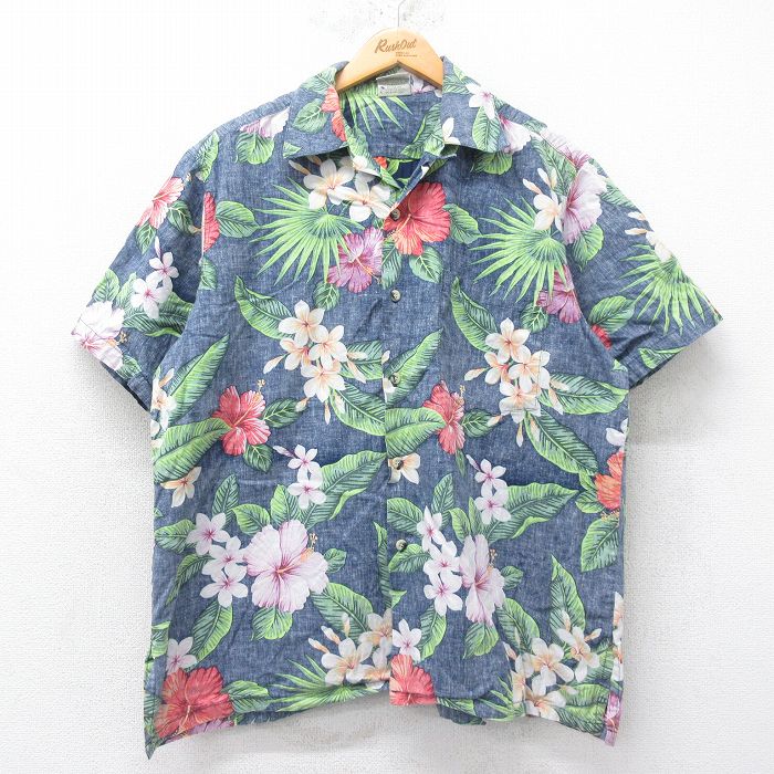 XL★古着 半袖 ハワイアン シャツ メンズ 90年代 90s ハイビスカス 開襟 オープンカラー USA製 紺他 ネイビー 25jun26 中古 アロハ トップス
