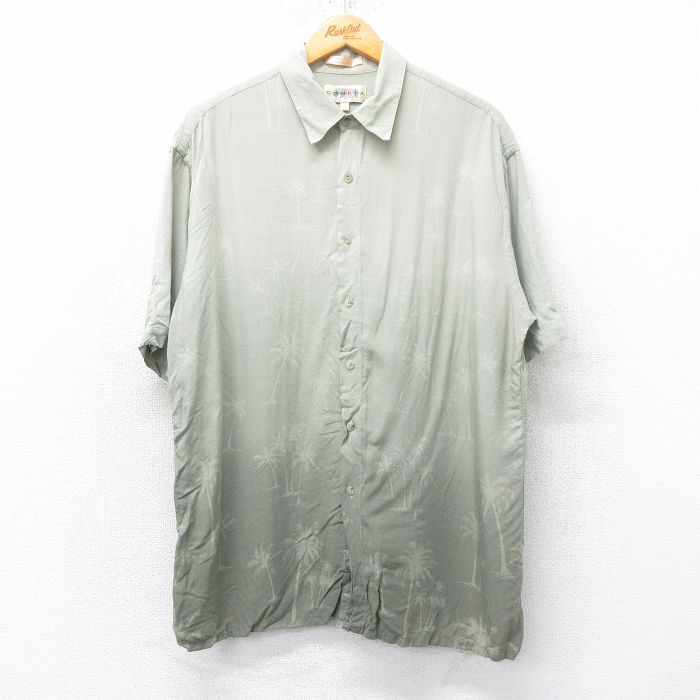 L★古着 半袖 ハワイアン シャツ メンズ 00年代 00s ヤシの木 レーヨン 緑系 グリーン 25jun26 中古 アロハ トップス