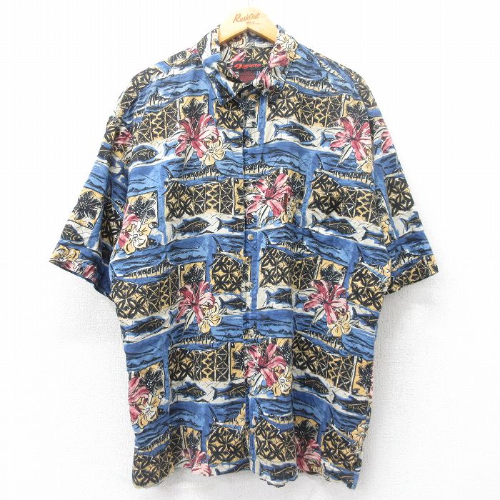 【50%OFF】XL★古着 半袖 ハワイアン シャツ メンズ ハイビスカス 魚 大きいサイズ コットン 紺他 ネイビー 25jun26 中古 アロハ トップス