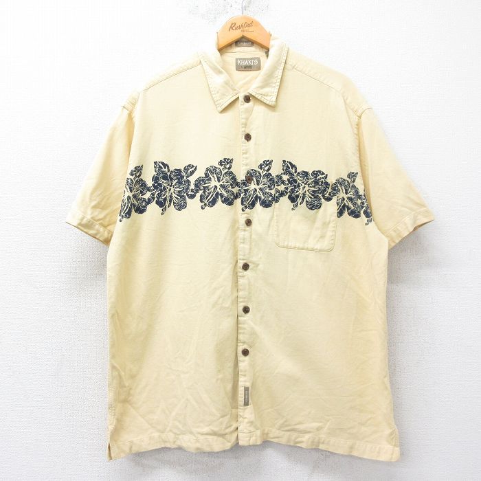 【50%OFF】XL★古着 アロー 半袖 ハワイアン シャツ メンズ ハイビスカス コットン 黄 イエロー 25jun26 中古 アロハ トップス