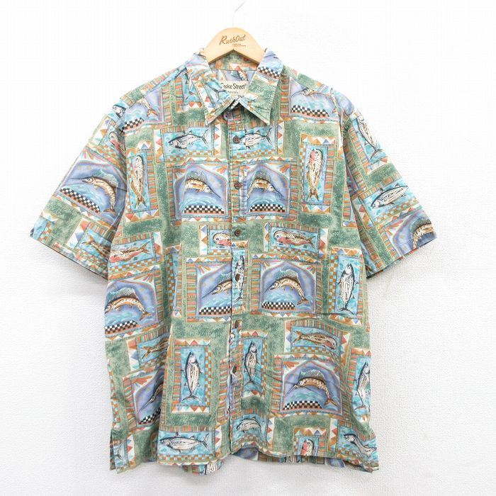 【50%OFF】XL★古着 半袖 ハワイアン シャツ メンズ 魚 大きいサイズ コットン 緑他 グリーン 25jun26 中古 アロハ トップス