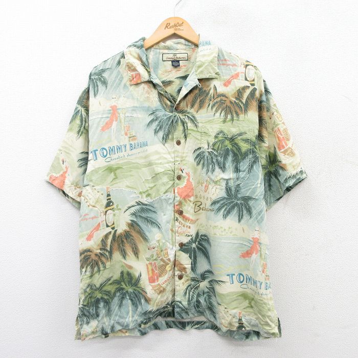 L★古着 トミーバハマ 半袖 ハワイアン シャツ メンズ ヤシの木 シルク 緑他 グリーン 25jun26 中古 アロハ トップス