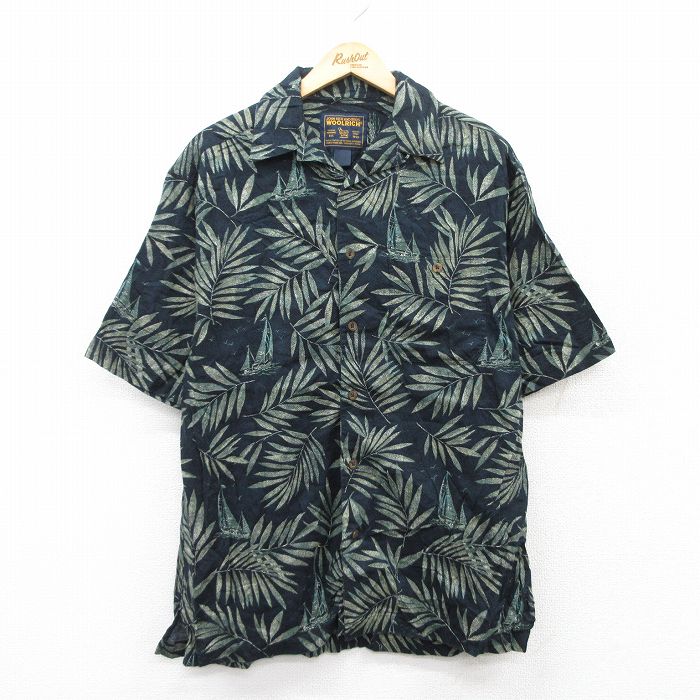 L★古着 ウールリッチ WOOLRICH 半袖 ハワイアン シャツ メンズ 葉 コットン 開襟 オープンカラー 黒他 ブラック 25jun26 中古 アロハ トップス