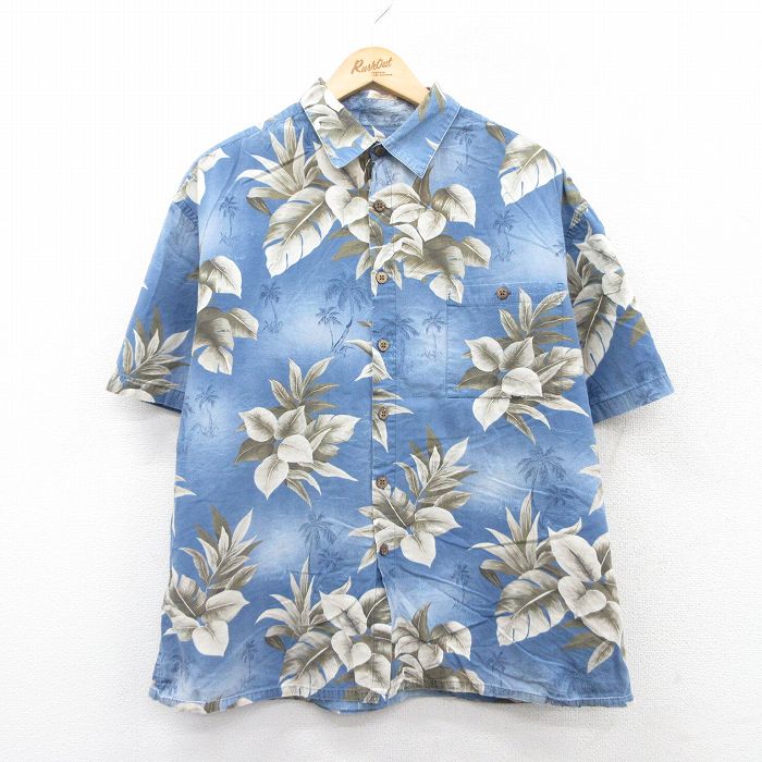 XL★古着 半袖 ハワイアン シャツ メンズ ヤシの木 大きいサイズ コットン 紺他 ネイビー 25jun26 中古 アロハ トップス