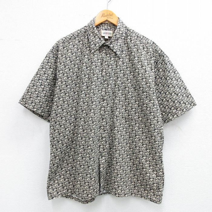 XL★古着 半袖 ハワイアン シャツ メンズ 00年代 00s ヤシの木 パイナップル コットン 黒他 ブラック 25jun26 中古 アロハ トップス