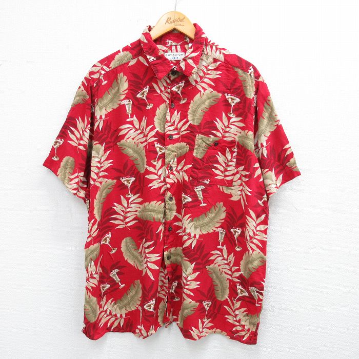 XL★古着 半袖 ハワイアン シャツ メンズ カクテル 葉 大きいサイズ レーヨン 赤他 レッド 25jun26 中古 アロハ トップス