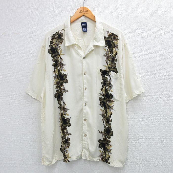 XL★古着 ベーシックエディションズ 半袖 ハワイアン シャツ メンズ ハイビスカス 大きいサイズレーヨン 開襟 オープンカラー 生成り 25jun26 中古 アロハ トップス