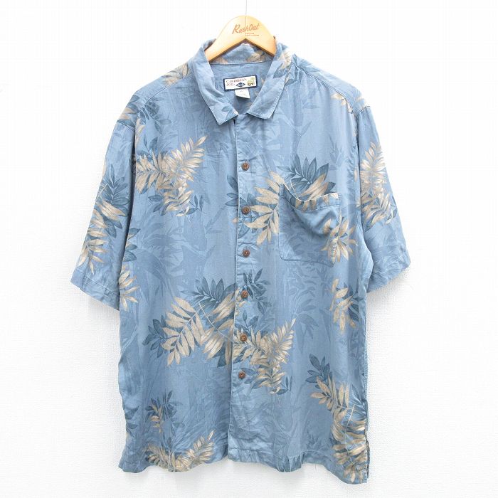 XL★古着 半袖 ハワイアン シャツ メンズ 葉 シルク 薄紺他 ネイビー 25jun26 中古 アロハ トップス