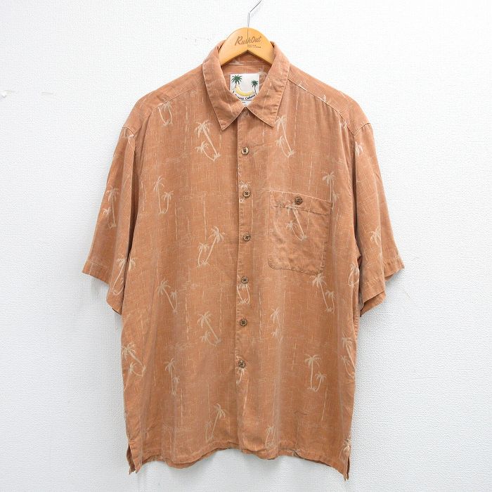 XL★古着 半袖 ハワイアン シャツ メンズ ヤシの木 シルク 茶系他 ブラウン 25jun26 中古 アロハ トップス
