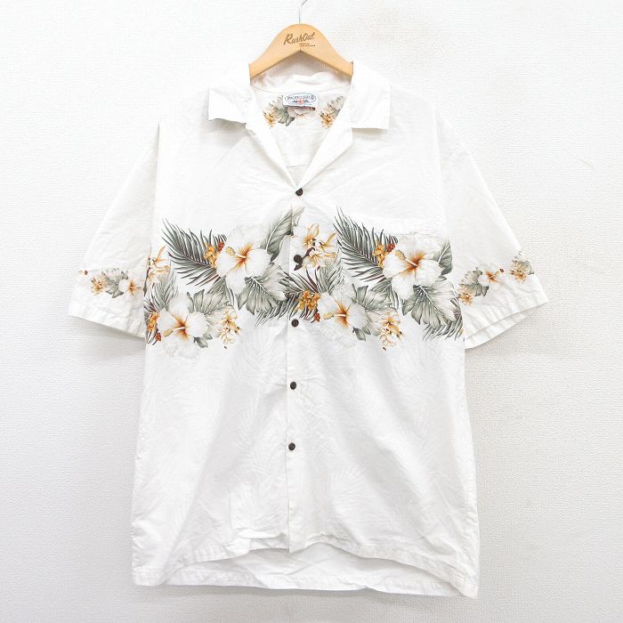 XL★古着 半袖 ハワイアン シャツ メンズ 90年代 90s ハイビスカス ロング丈 コットン 開襟 オープンカラー ハワイ製 白他 ホワイト 25jul11 中古 アロハ トップス