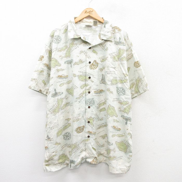 XL★古着 エルエルビーン LLBEAN 半袖 ハワイアン シャツ メンズ 00年代 00s 島 灯台 総柄 大きいサイズ ロング丈 開襟 オープンカラー 白他 ホワイト 25jul11 中古 アロハ トップス