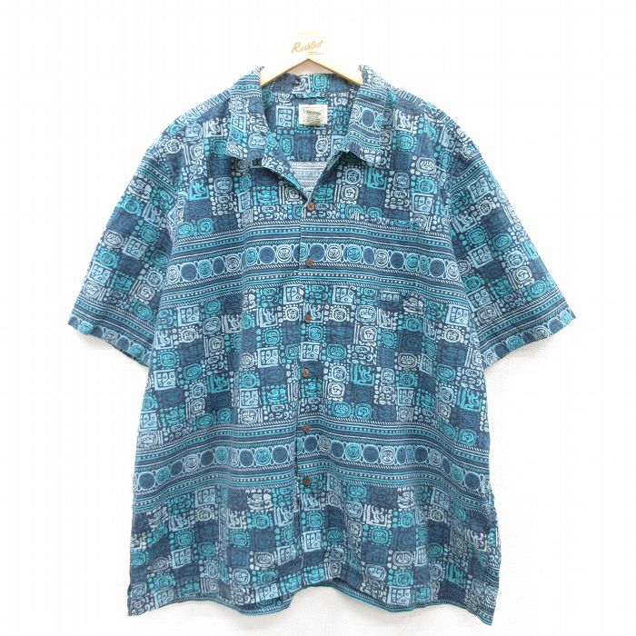 【50%OFF】XL★古着 エルエルビーン LLBEAN 半袖 ハワイアン シャツ メンズ 00年代 00s 総柄 大きいサイズ ロング丈 コットン 開襟 オープンカラー 紺他 ネイビー 【spe】 25jul11 中古 アロハ トップス