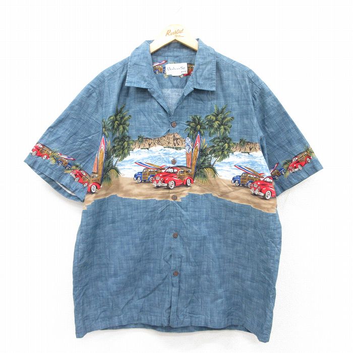 XL★古着 半袖 ハワイアン シャツ メンズ 90年代 90s 車 サーフボード ヤシの木 コットン 開襟 オープンカラー ハワイ製 紺系他 ネイビー 25jul11 中古 アロハ トップス