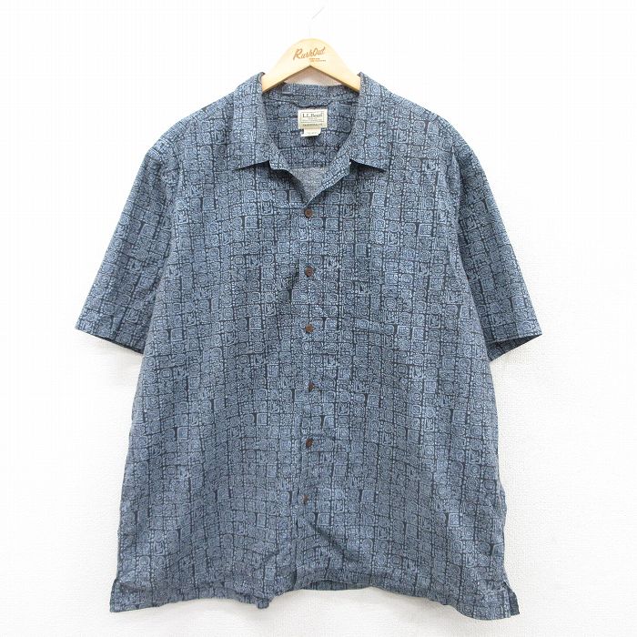 XL★古着 エルエルビーン LLBEAN 半袖 ハワイアン シャツ メンズ 00年代 00s 総柄 大きいサイズ コットン 開襟 オープンカラー 薄紺系他 ネイビー 25jul11 中古 アロハ トップス
