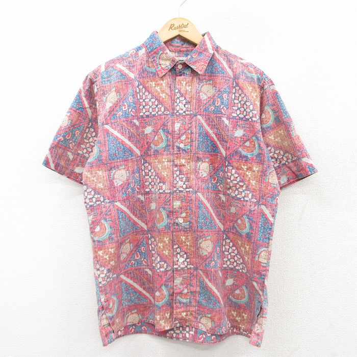 L★古着 レインスプーナー REYN SPOONER 半袖 ハワイアン シャツ メンズ 90年代 90s 魚 総柄 ピンク系他 【spe】 25jul11 中古 アロハ トップス