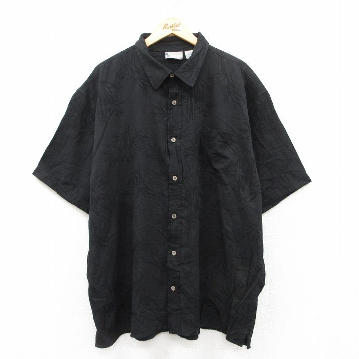 XL★古着 半袖 ハワイアン シャツ メンズ 00年代 00s 竹 総柄 大きいサイズ ロング丈 レーヨン 黒 ブラック 25jul11 中古 アロハ トップス