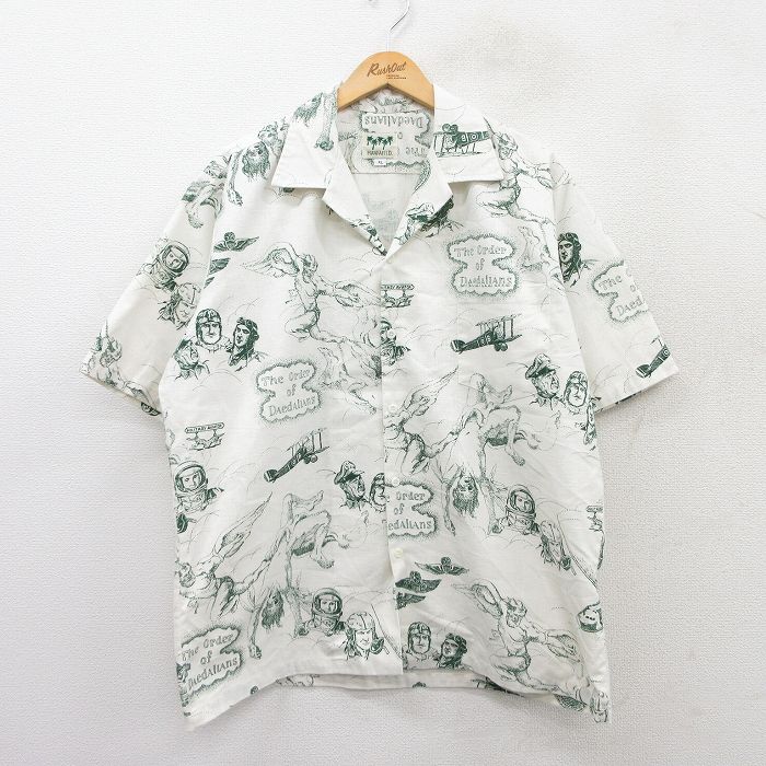 XL★古着 半袖 ハワイアン シャツ メンズ 90年代 90s 飛行機 天使 総柄 大きいサイズ 開襟 オープンカラー ハワイ製 白 ホワイト 25aug06 中古 アロハ トップス