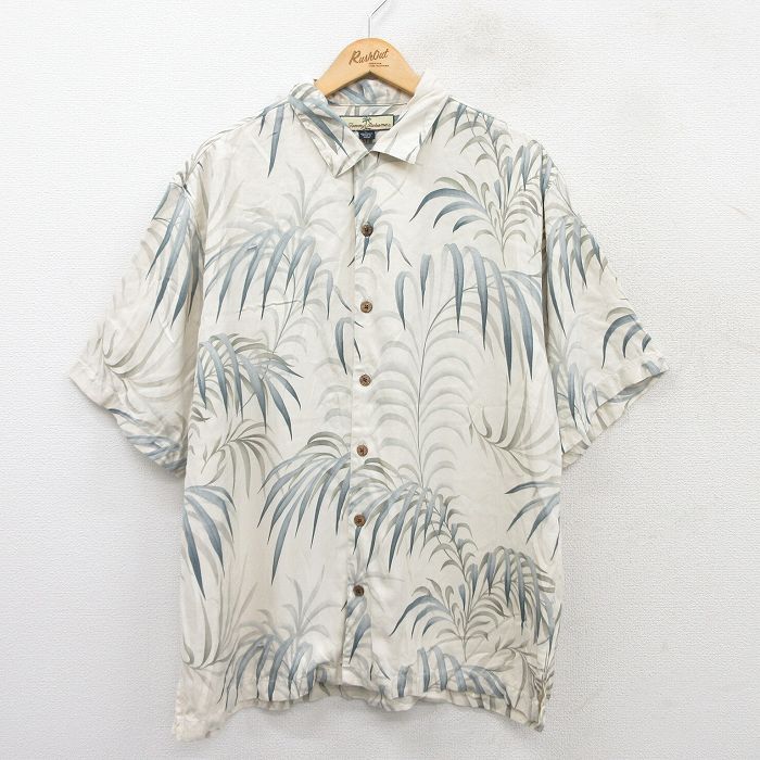 XL★古着 半袖 ハワイアン シャツ メンズ 葉 総柄 シルク 薄ベージュ他 カーキ 25aug06 中古 アロハ トップス