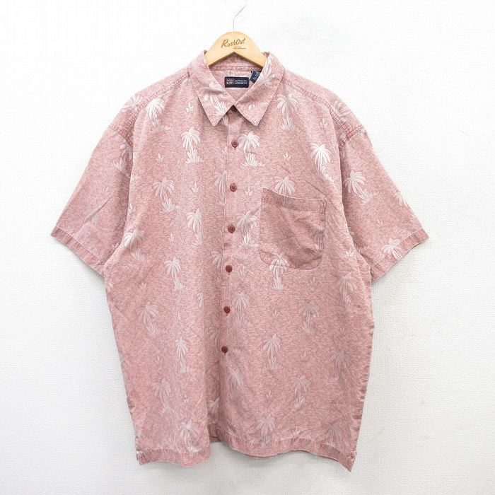 XL★古着 FADED GLORY 半袖 ハワイアン シャツ メンズ 00年代 00s ヤシの木 総柄 大きいサイズ ロング丈 エンジ系他 25aug06 中古 アロハ トップス