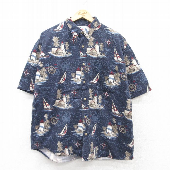XL★古着 半袖 ハワイアン シャツ メンズ 90年代 90s ヨット 総柄 大きいサイズ コットン ボタンダウン 紺他 ネイビー 25aug06 中古 アロハ トップス