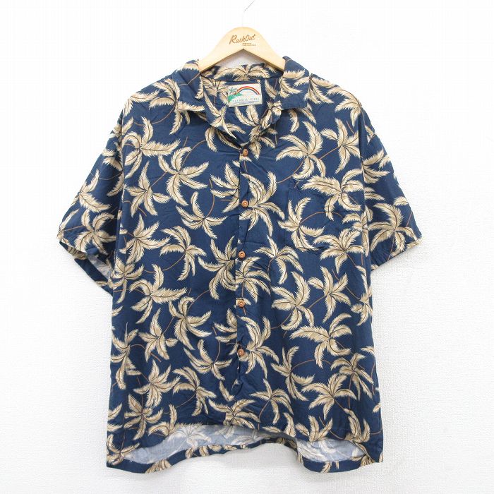 XL★古着 半袖 ハワイアン シャツ メンズ 90年代 90s ヤシの木 大きいサイズ 開襟 オープンカラー 紺 ネイビー 25aug12 中古 アロハ トップス