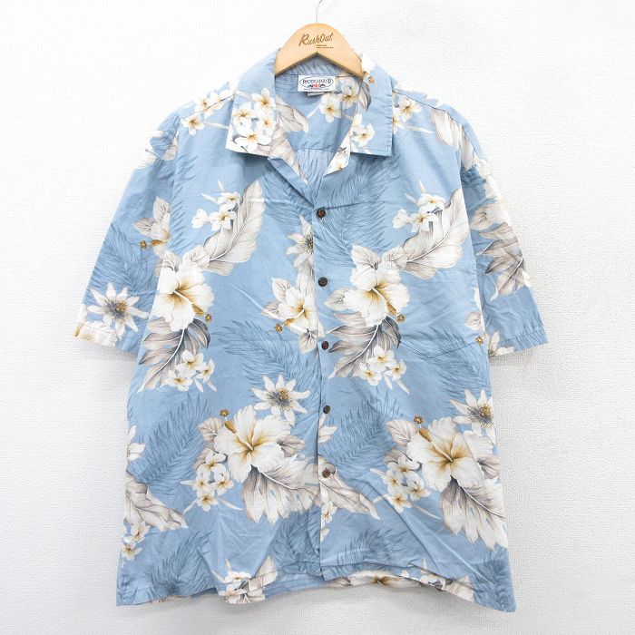 XL★古着 半袖 ハワイアン シャツ メンズ 90年代 90s ハイビスカス 大きいサイズ コットン 開襟 オープンカラー ハワイ製 薄紺 ネイビー 25aug12 中古 アロハ トップス