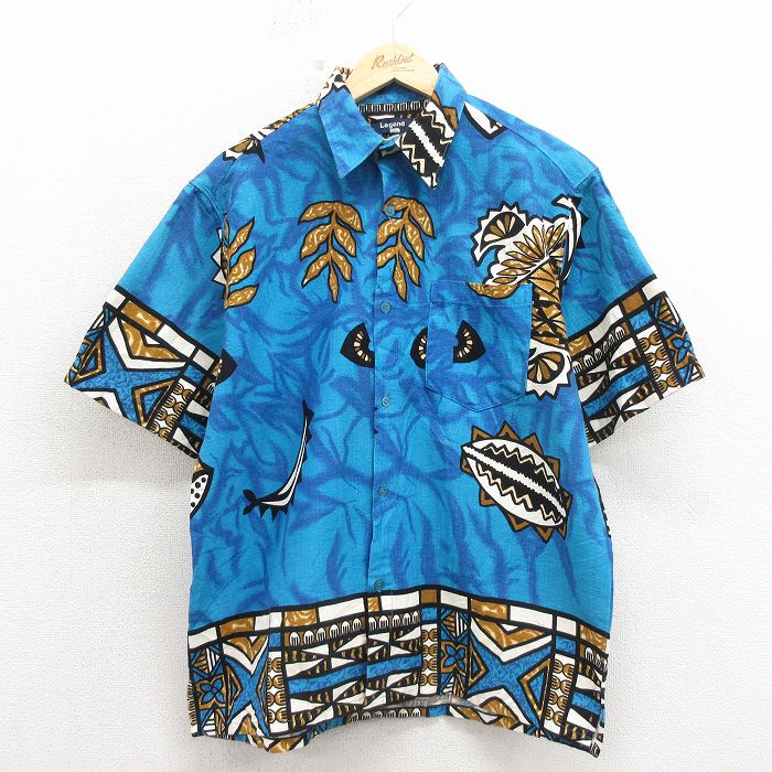 L★古着 半袖 ハワイアン シャツ メンズ 90年代 90s 葉 青 26apr25