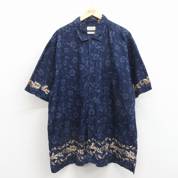 XL★古着 セントジョンズベイ 半袖 ハワイアン シャツ メンズ 00年代 00s ハイビスカス 大きいサイズ ロング丈 コットン 紺他【spe】 26apr25