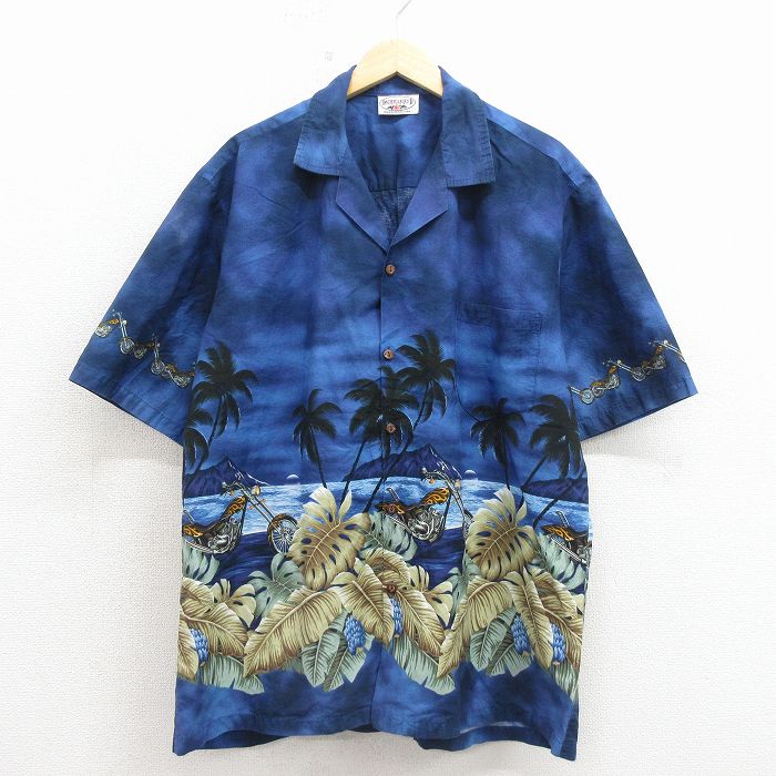 XL★古着 半袖 ハワイアン シャツ メンズ 90年代 90s バイク 大きいサイズ コットン 開襟 オープンカラー ハワイ製 紺他 26apr25