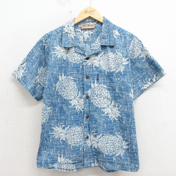 90s 半袖ハワイアンシャツ パイナップル ネイビー メンズM相当 | 古着