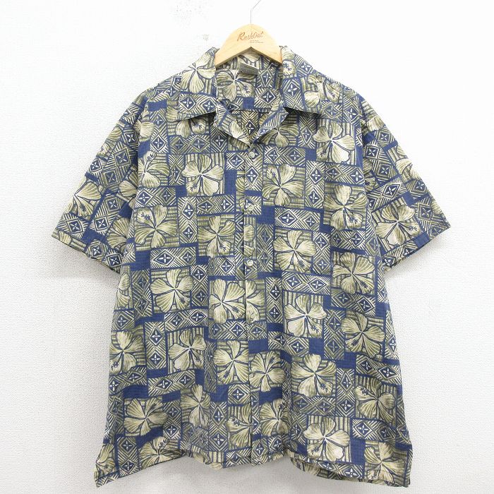 00s 半袖シャツ ハイビスカス ネイビー メンズXL相当 | 古着