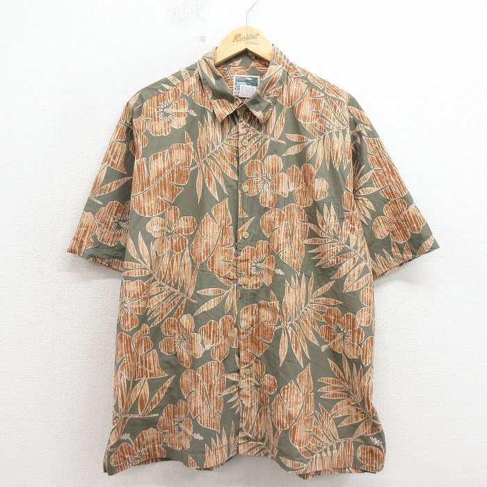 XL★古着 半袖 ハワイアン シャツ メンズ 90年代 90s ハイビスカス 大きいサイズ コットン ハワイ製 茶系他 26apr25