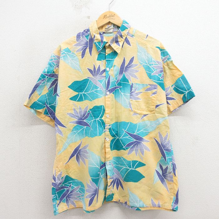 L★古着 半袖 ハワイアン シャツ メンズ 90年代 90s 葉 コットン USA製 黄色他 26apr25