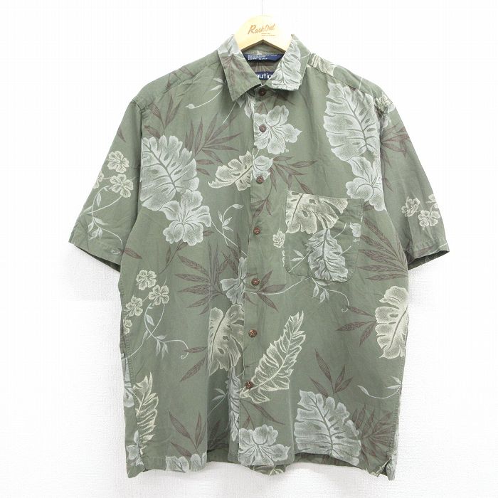 XL★古着 ノーティカ 半袖 ブランド ハワイアン シャツ メンズ 90年代 90s 花 葉 レーヨン リネン 緑他【spe】 26may07