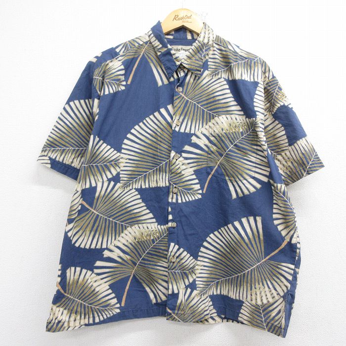 90s 半袖シャツ 葉 ネイビー XL | 古着
