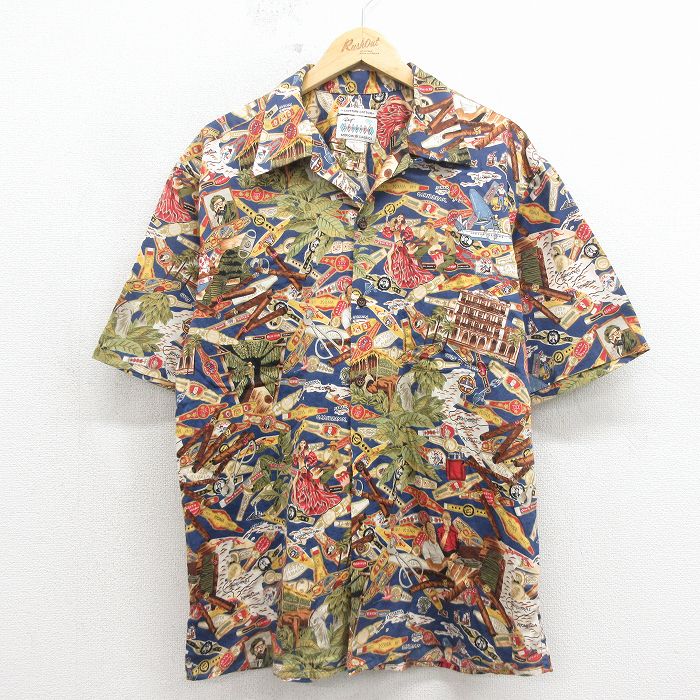 レインスプーナー 90s 半袖ハワイアンシャツ フラガール ネイビー L | 古着