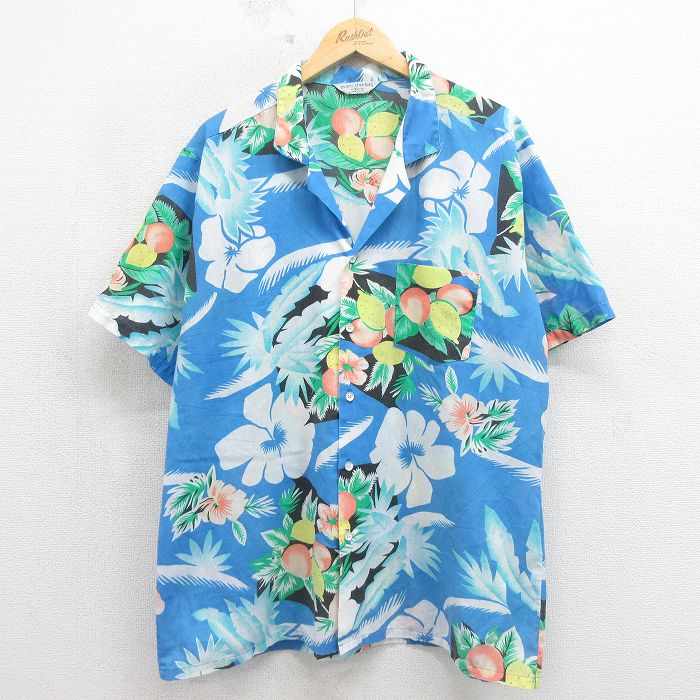 80s 半袖シャツ 花 ブルー XL | 古着