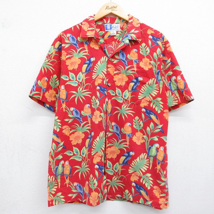 ハワイアン 90s 半袖シャツ ハイビスカスオウム レッド L | 古着