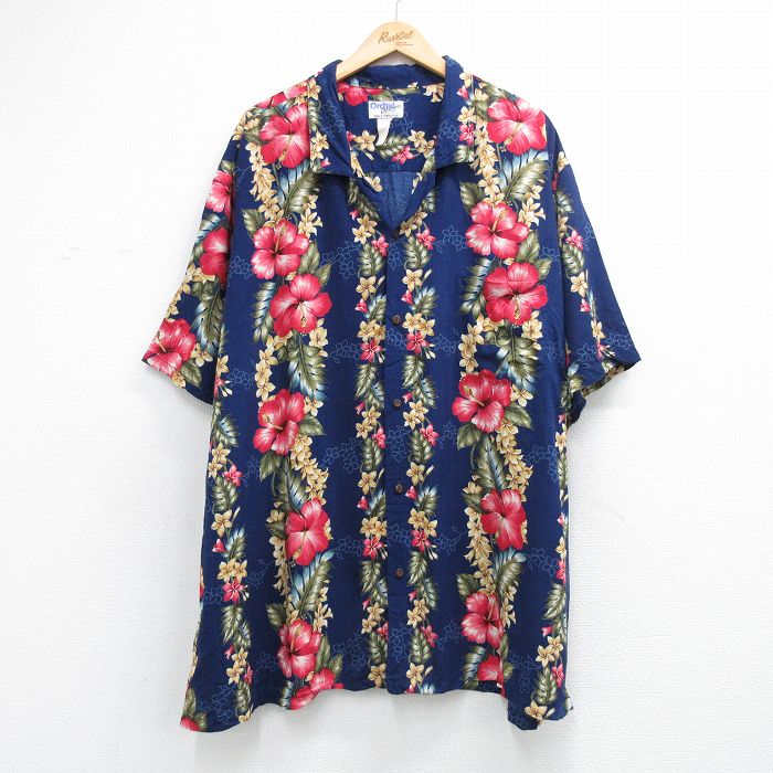 90s 半袖シャツ ハイビスカス ネイビー XL | 古着