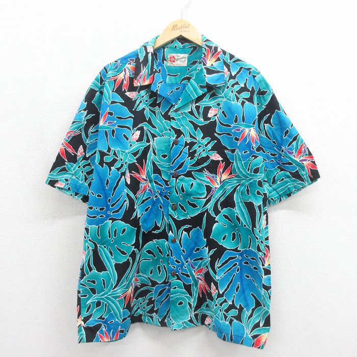 ヒロハッティ 00s 半袖ハワイアンシャツ 葉 ブルー XL | 古着