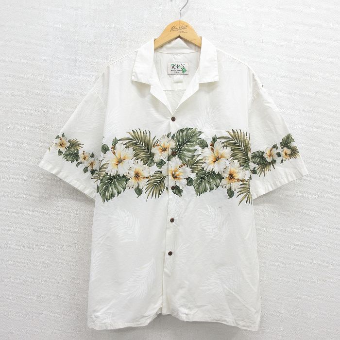 90s 半袖シャツ ハイビスカス ホワイト XL | 古着