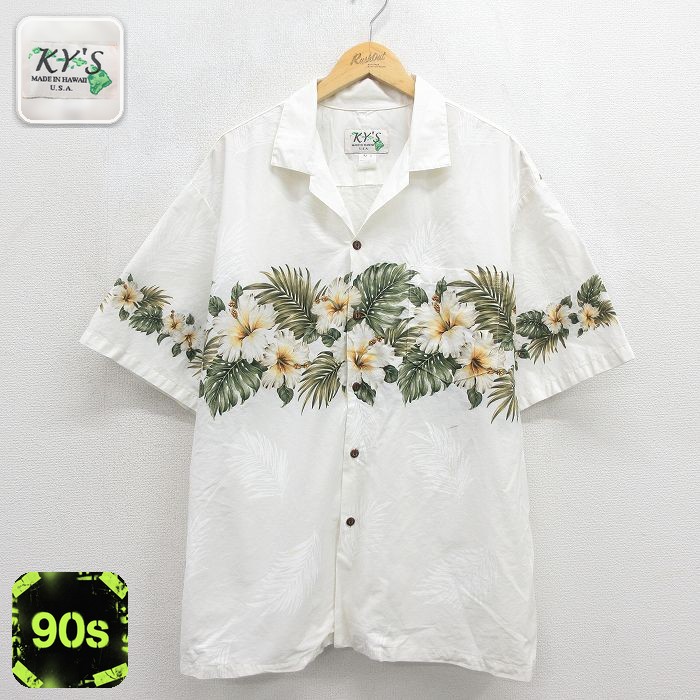 90s 半袖シャツ ハイビスカス ホワイト メンズXL相当 | 古着