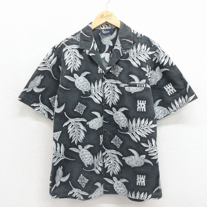 L★古着 半袖 ハワイアン シャツ メンズ 90年代 90s カメ 開襟 オープンカラー ハワイ製 ブラック 26jun09