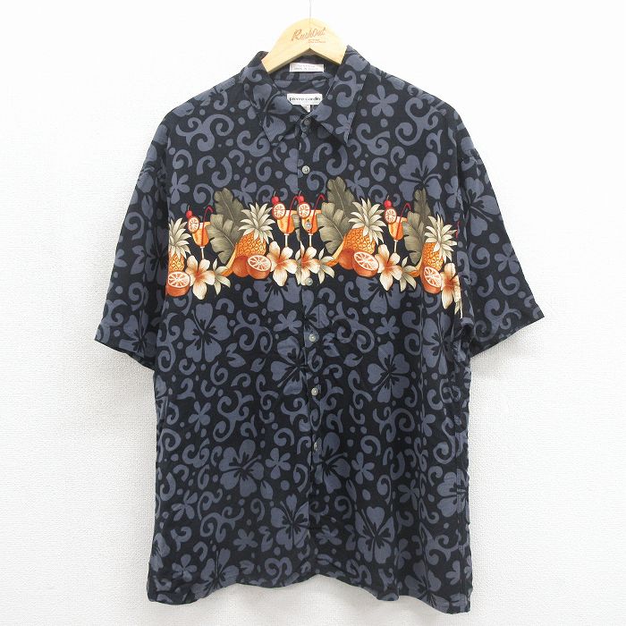 XL★古着 ピエールカルダン 半袖 ブランド ハワイアン シャツ メンズ パイナップル カクテルグラス レーヨン ブラック 26jun09