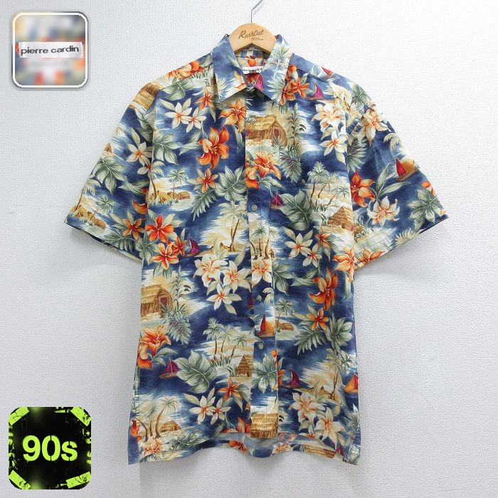 ピエールカルダン 90s 半袖シャツ ハイビスカス ネイビー メンズL相当 | 古着