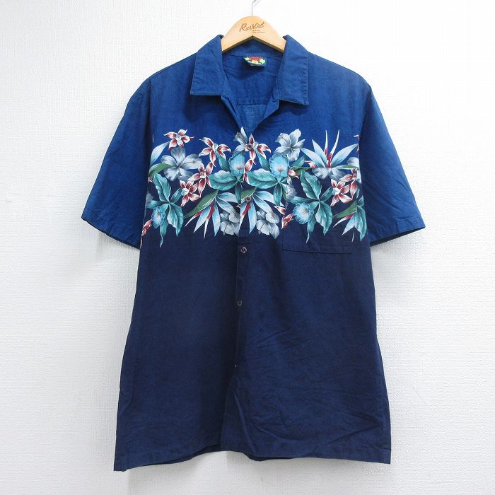 90s 半袖シャツ ハイビスカス ネイビー メンズL相当 | 古着
