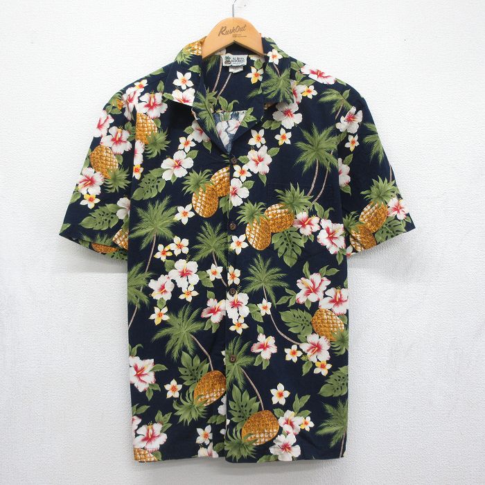 90s 半袖シャツ ハイビスカス ネイビー メンズM相当 | 古着