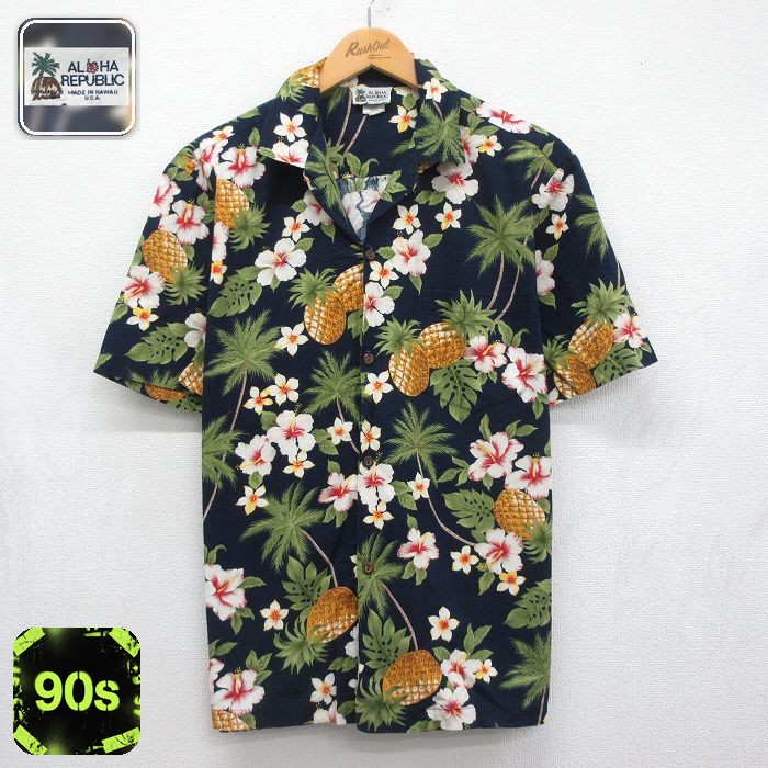 90s 半袖シャツ ハイビスカス ネイビー メンズM相当 | 古着