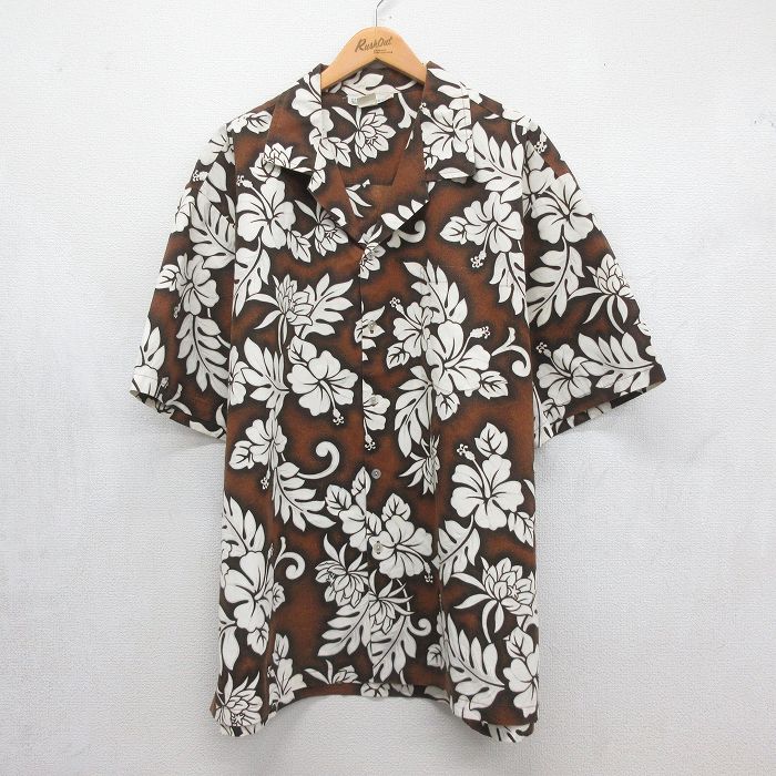 ハワイアン 90s 半袖シャツ ハイビスカス ブラウン メンズXL相当 | 古着