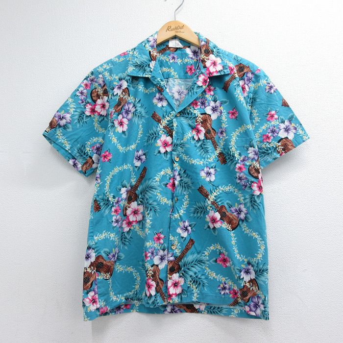 90s 半袖シャツ ハイビスカス ウクレレ ライトブルー メンズM相当 | 古着